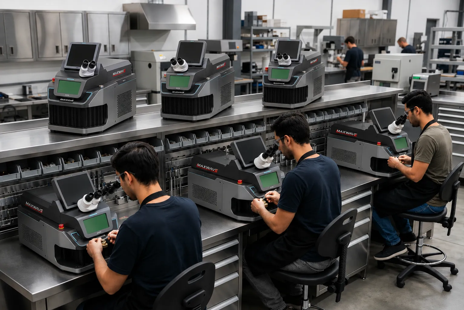 A row of operators running jewelry laser welders side by side in a workshop
