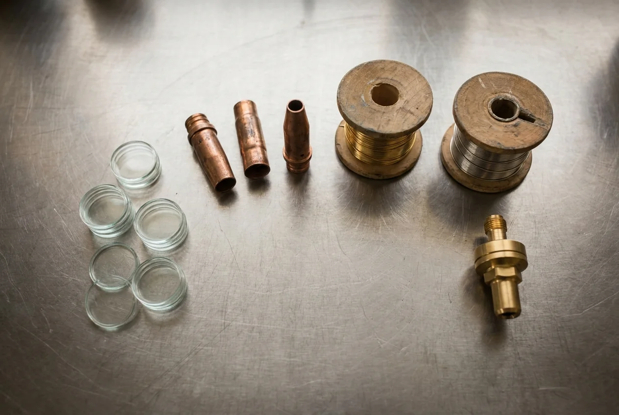 Protective cover glasses, welding nozzles, filler wire spools and a regulator fitting laid out on a bench