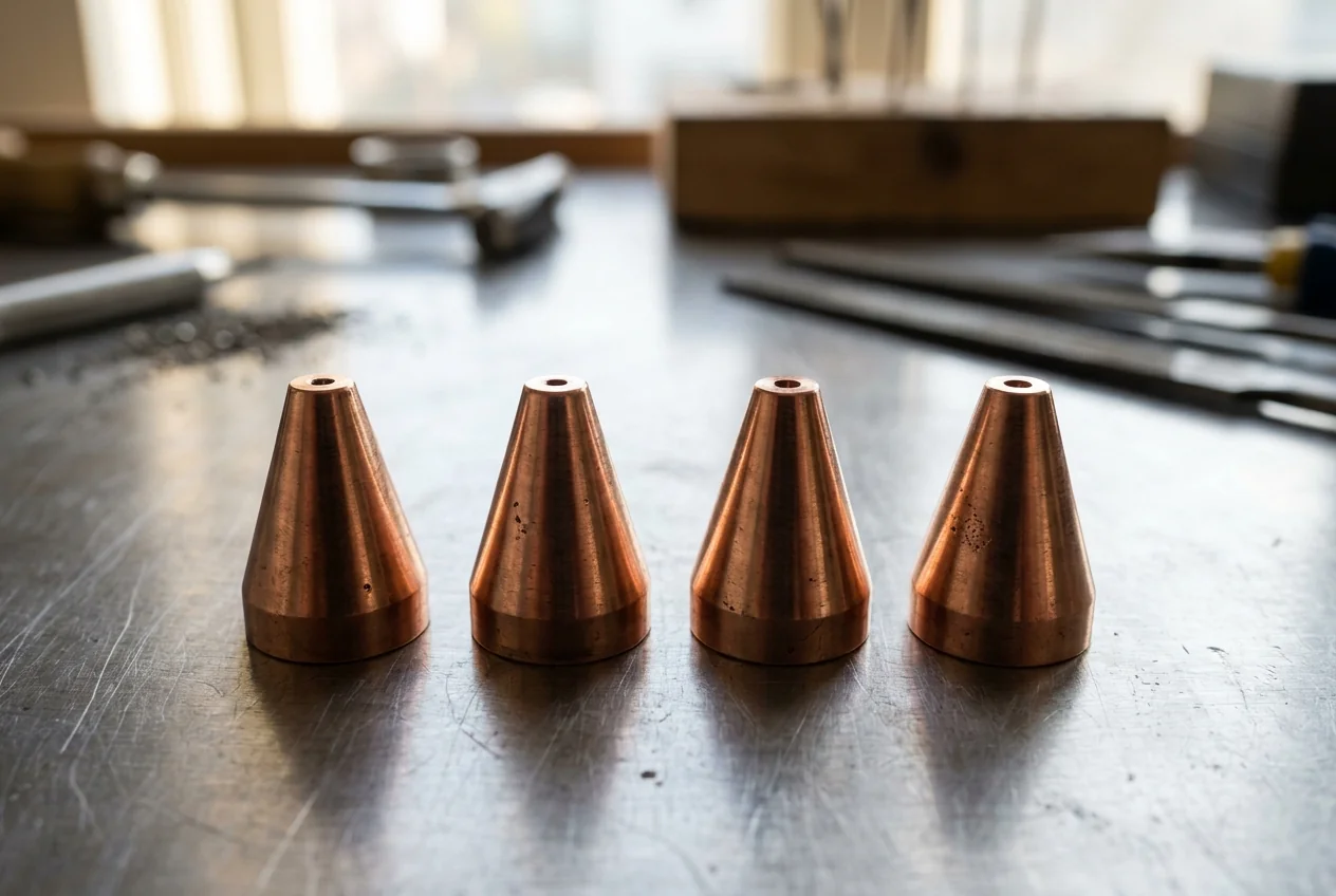 Four copper welding nozzles standing on a workshop bench