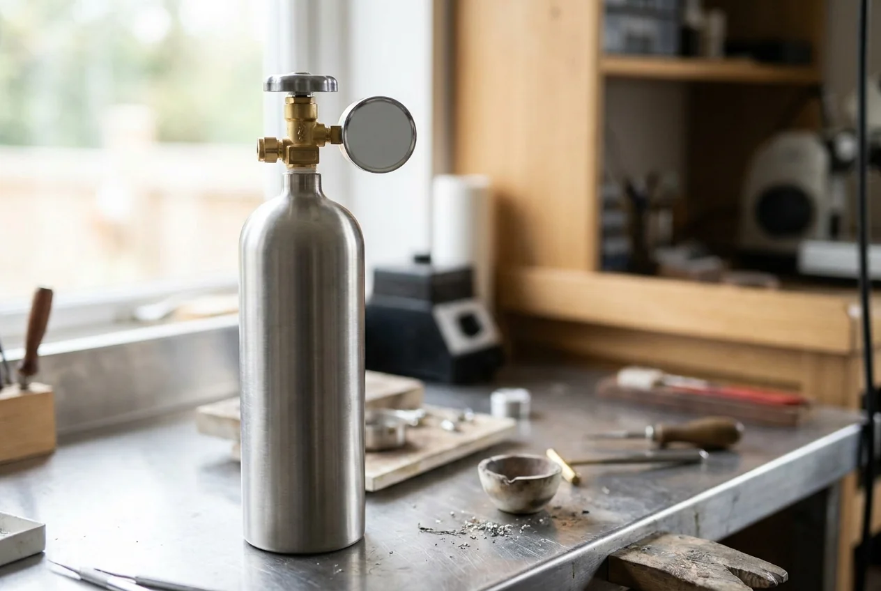 Refillable argon cylinder with regulator on a bench