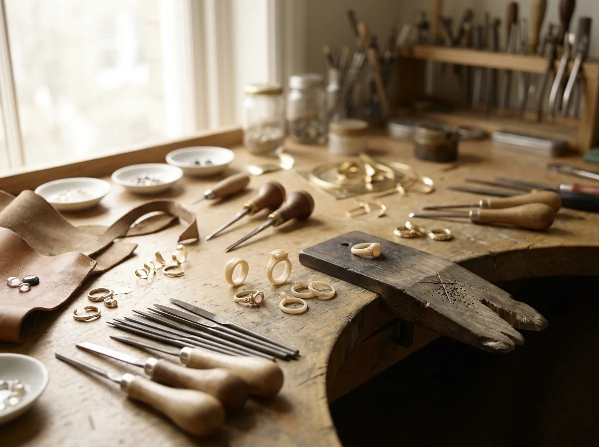 A goldsmith bench with gravers, files, wax models and gold offcuts
