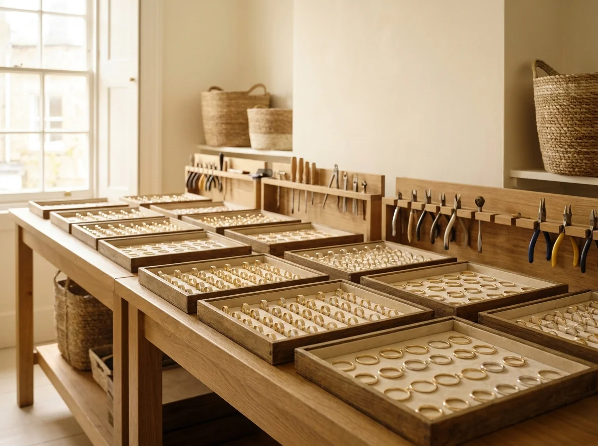 Trays of identical gold and silver components on production benches