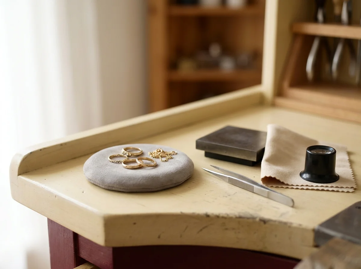 A jewellery repair bench with rings, a chain, tweezers and a loupe