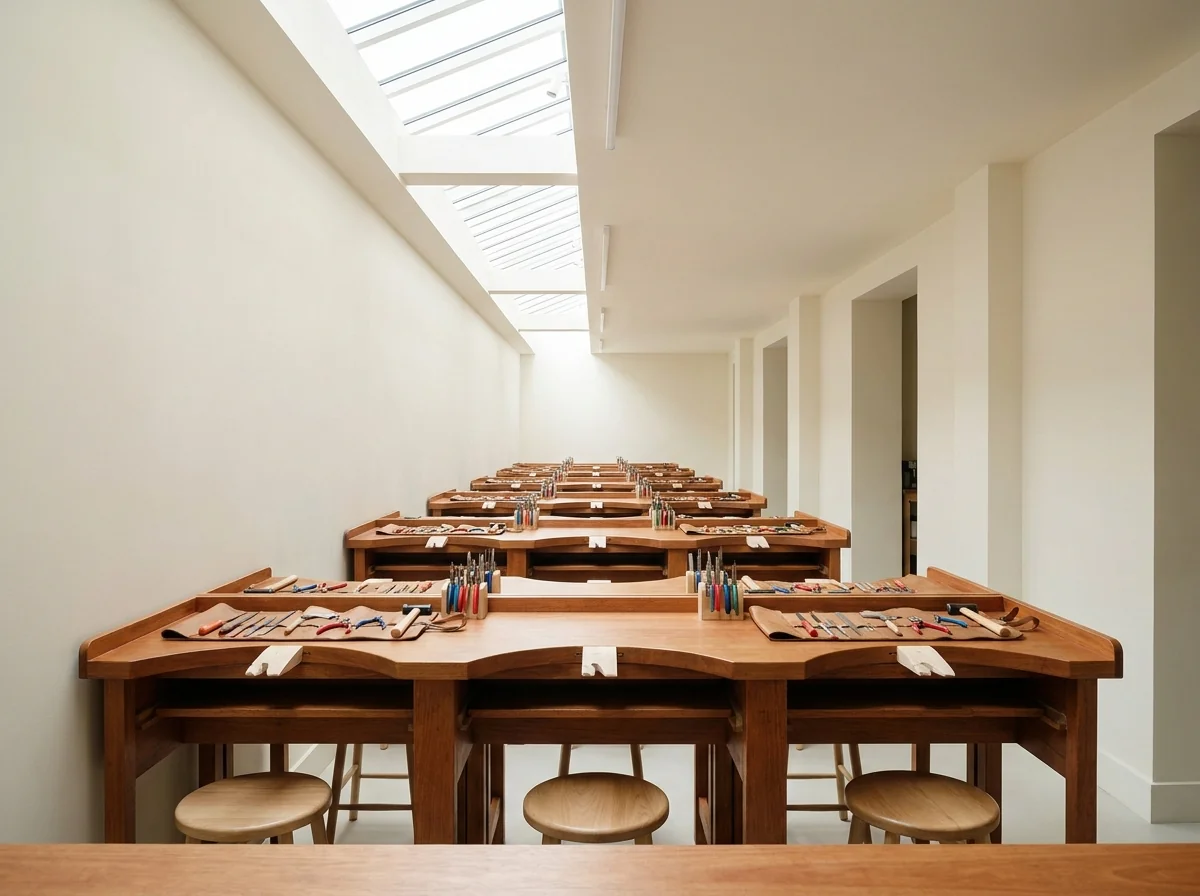 A teaching workshop with a row of identical student jewellery benches