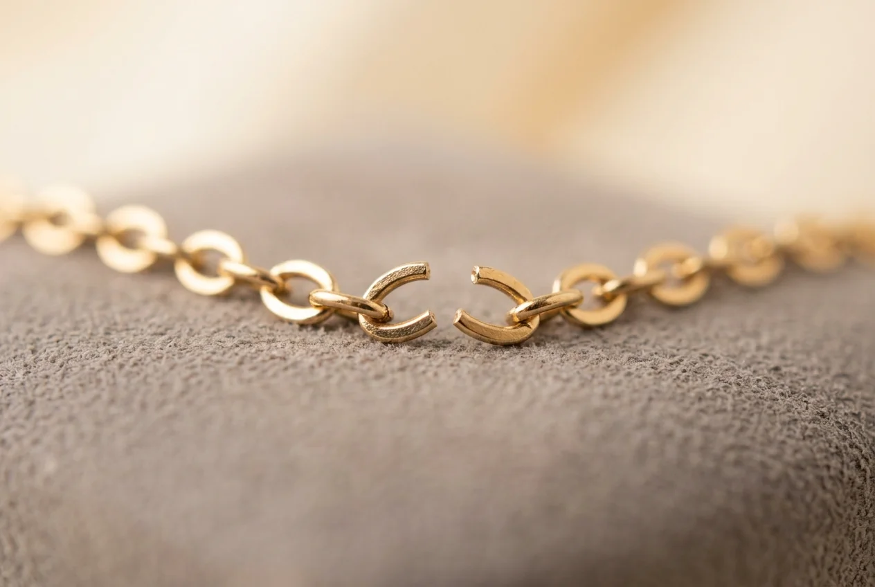 Macro view of a fine gold chain with one link opened at the break