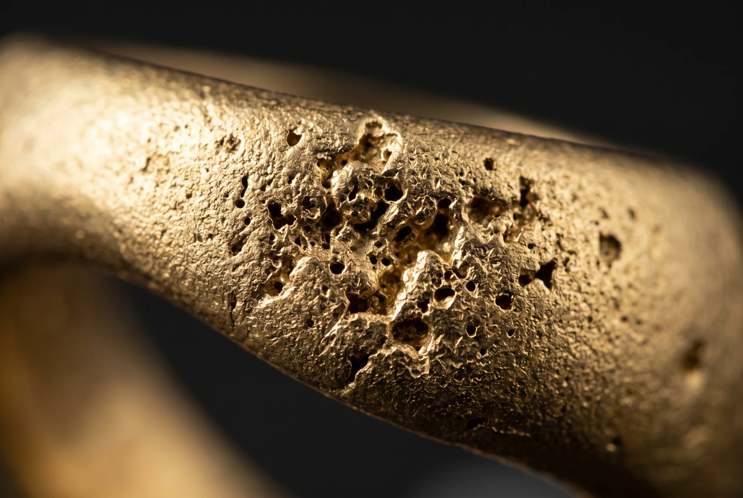 Macro view of porosity pitting across the surface of a gold casting