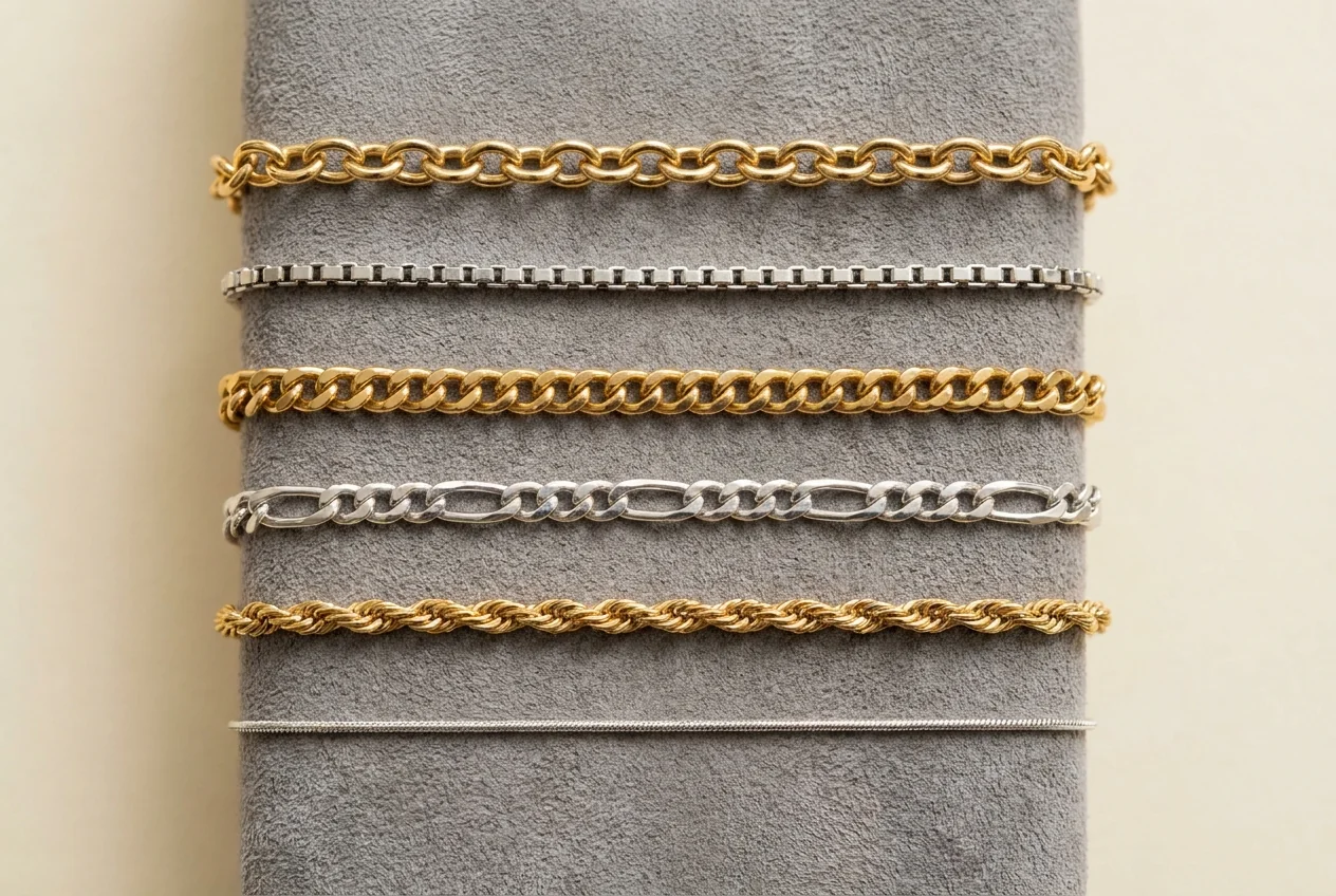 Six chain styles laid parallel on grey suede: cable, box, curb, figaro, rope and a fine snake chain