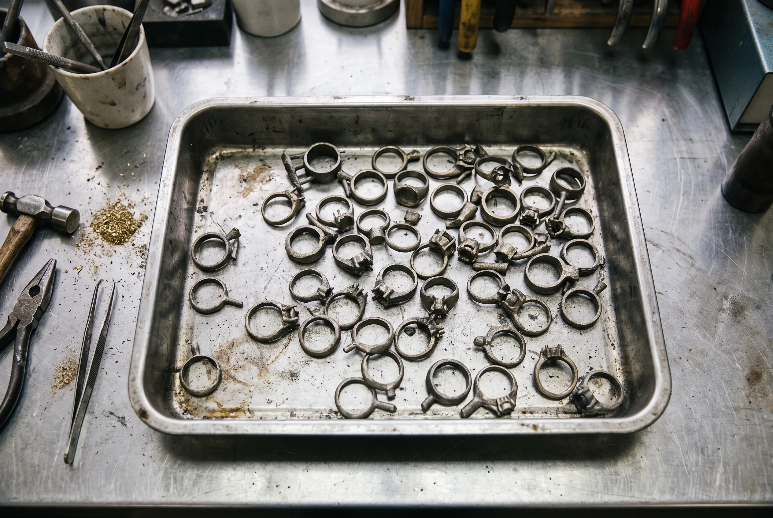 Workshop tray of freshly cast unpolished gold jewellery pieces with sprue stubs still attached