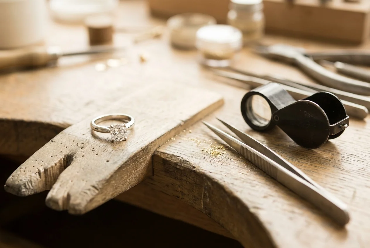 Stone-set diamond ring at the jewelry bench
