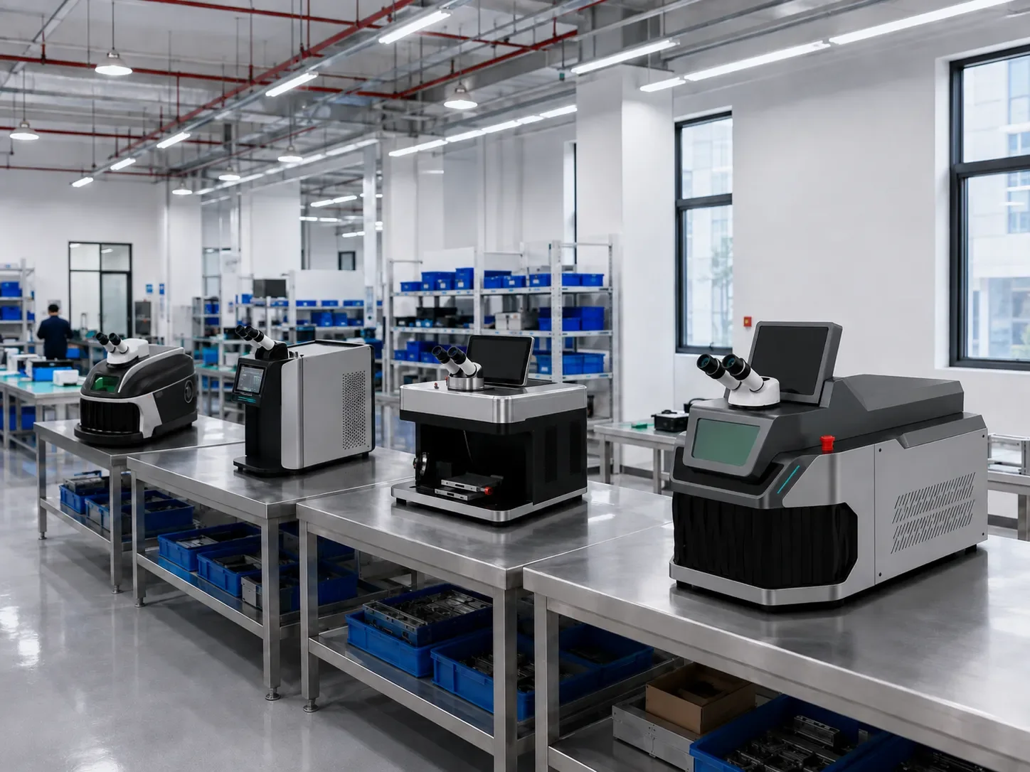 Assembled machines lined up on test benches