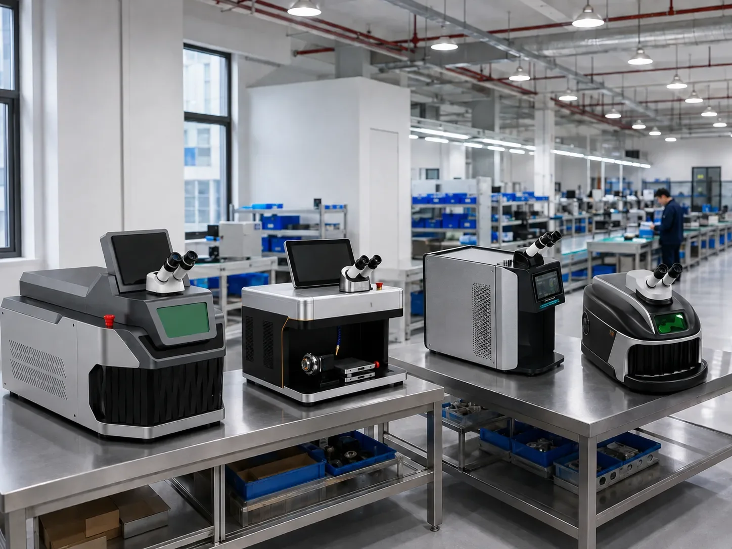 Assembled jewelry laser welders lined up on inspection benches