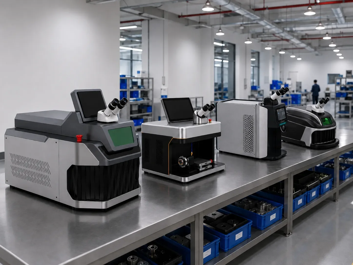 Several different jewelry laser welder models lined up on benches in a workshop
