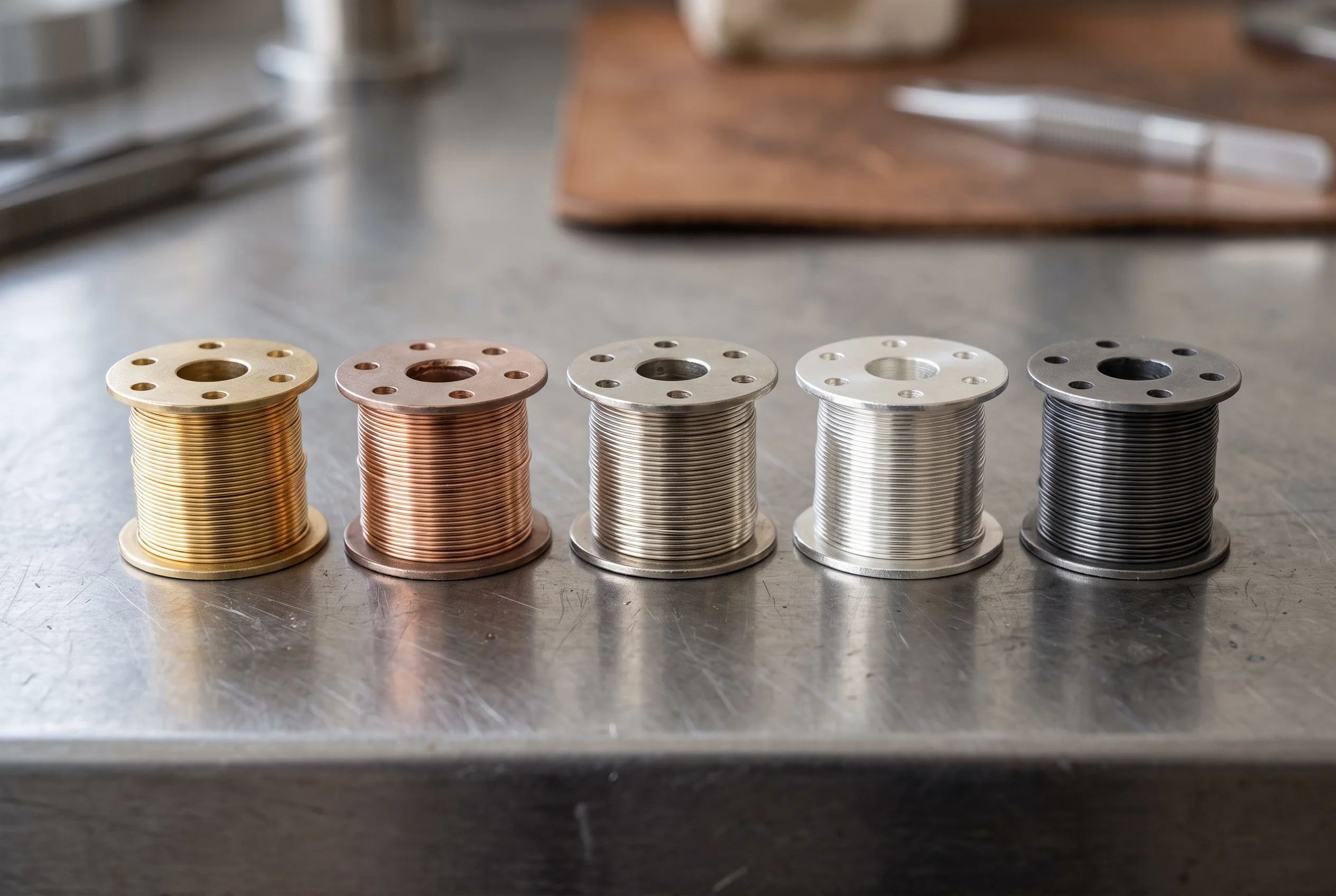 Spools of filler wire in gold, copper, silver and steel laid out on a bench
