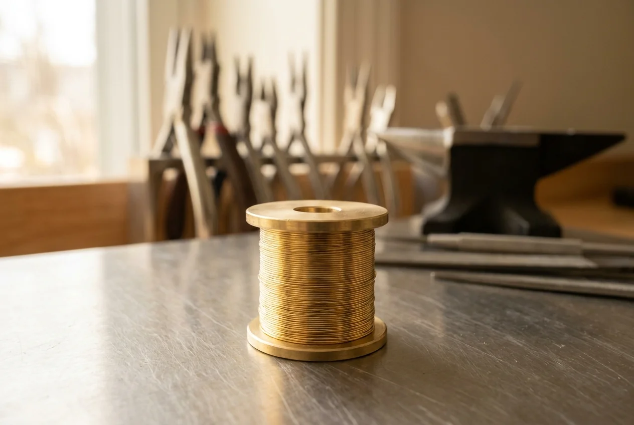 A spool of fine gold filler wire on a steel bench