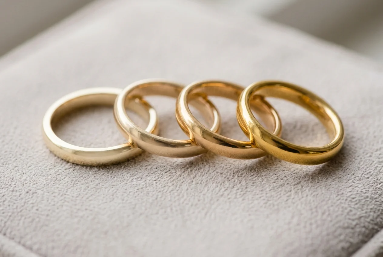 Four plain gold bands in a row, each a slightly different depth of yellow