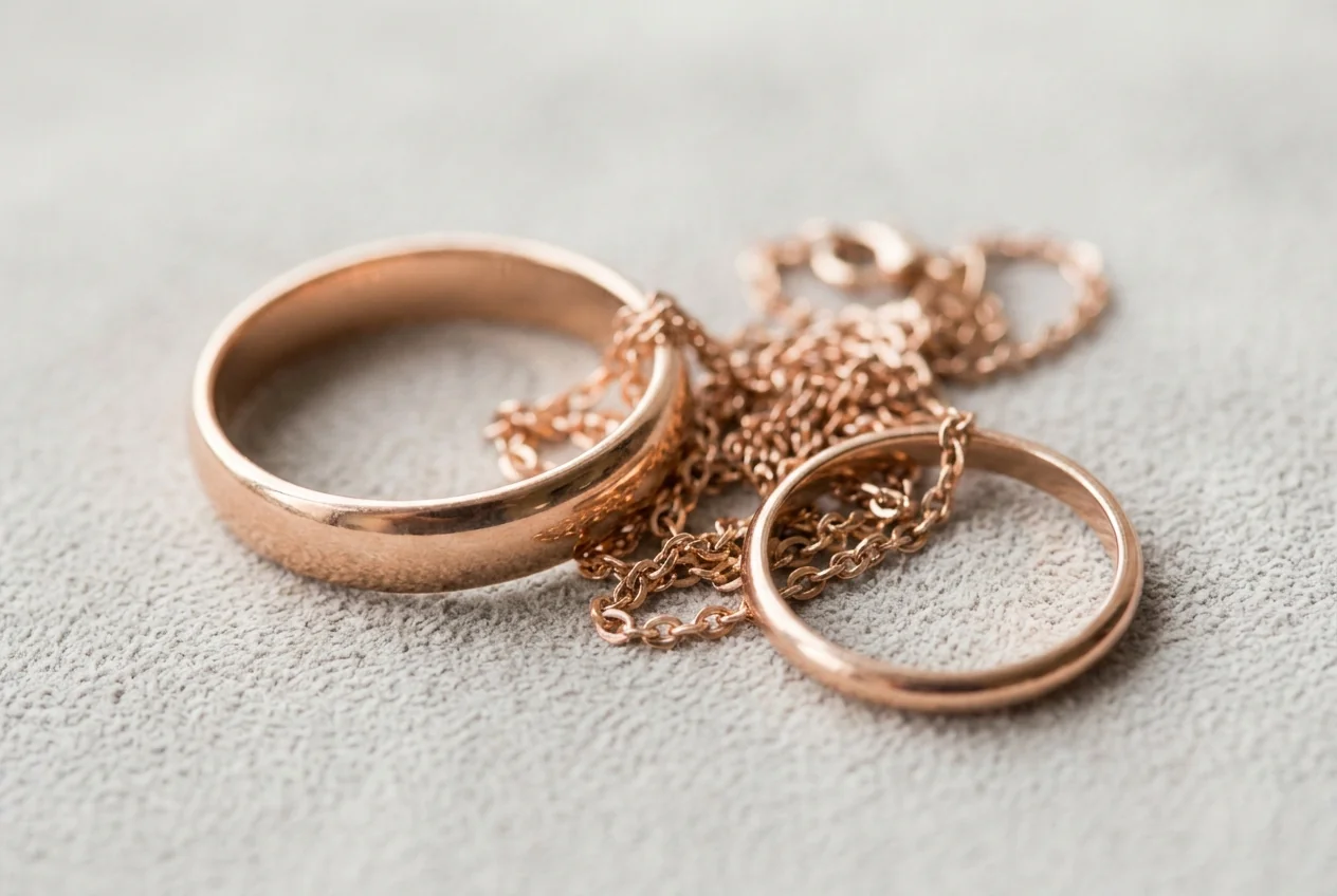 Rose gold band, fine chain and ring on grey suede