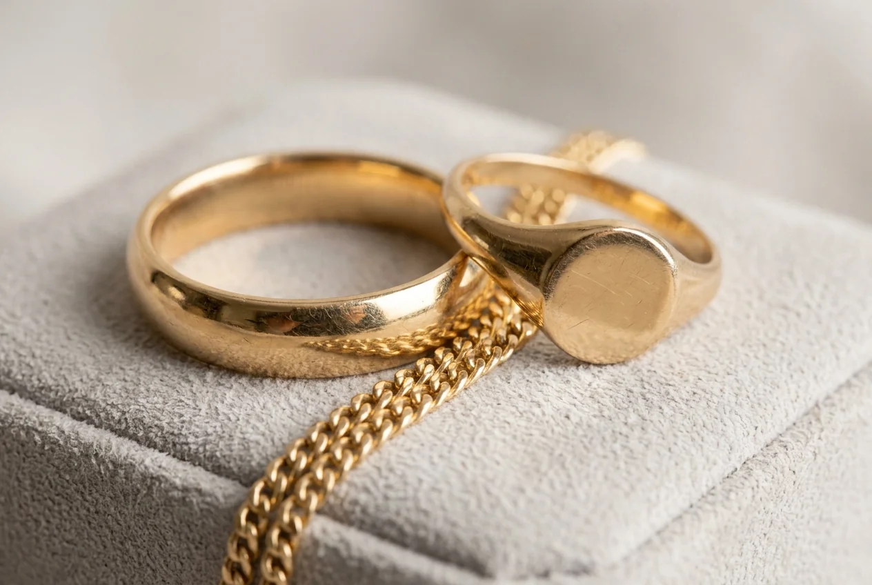 Yellow gold band, curb chain and signet ring on grey suede