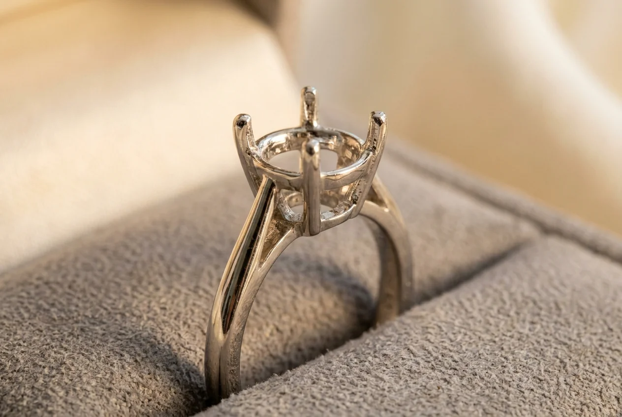 Macro of an empty white gold solitaire head and basket setting, gallery rails and claw tips visible