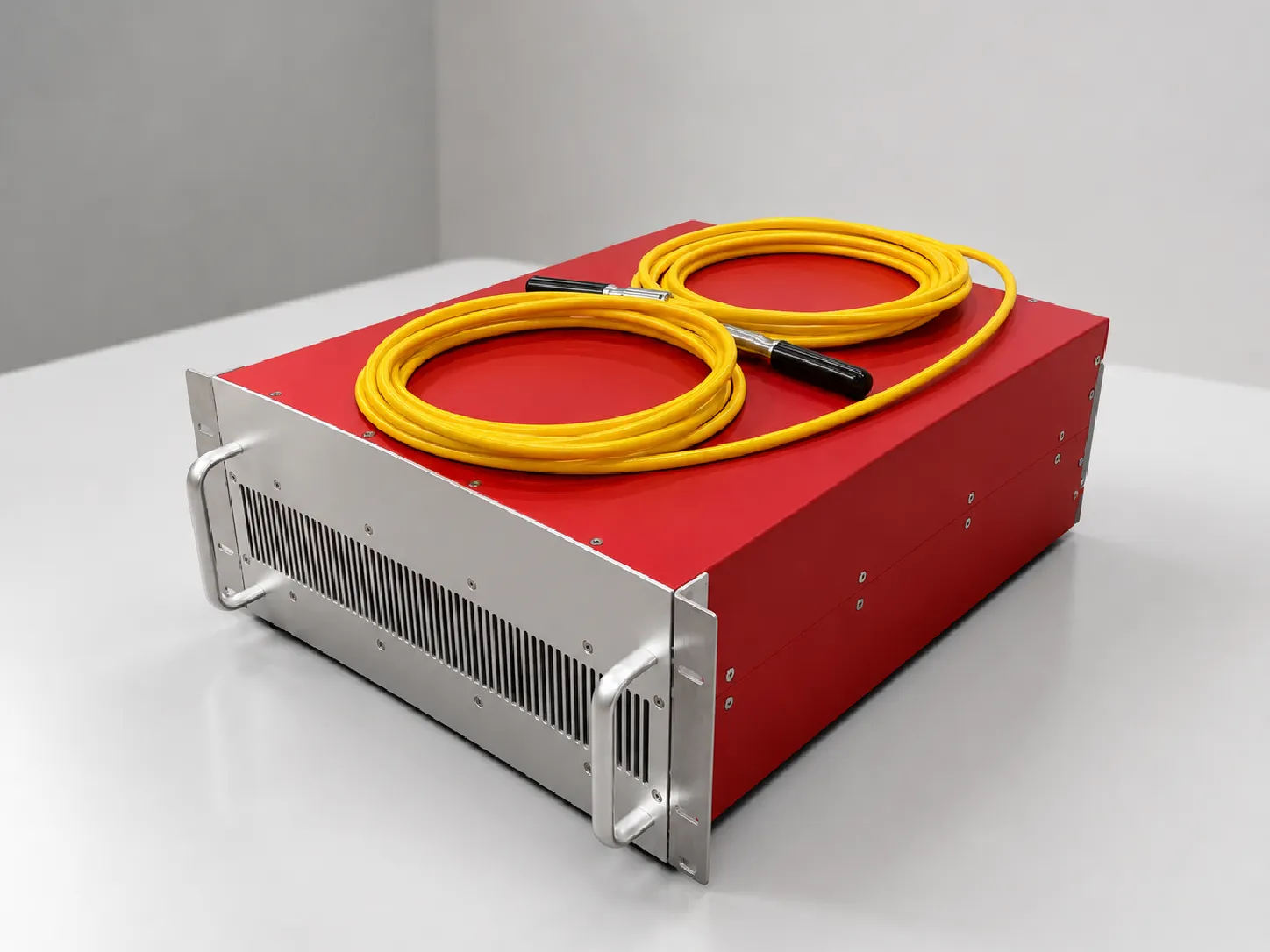 A rack-mounted laser source unit with its delivery cables, exterior view
