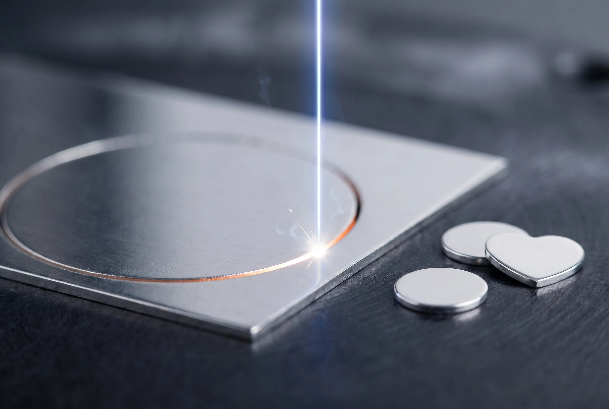 Laser beam cutting a small disc from a thin sheet of polished silver, with finished blanks beside it