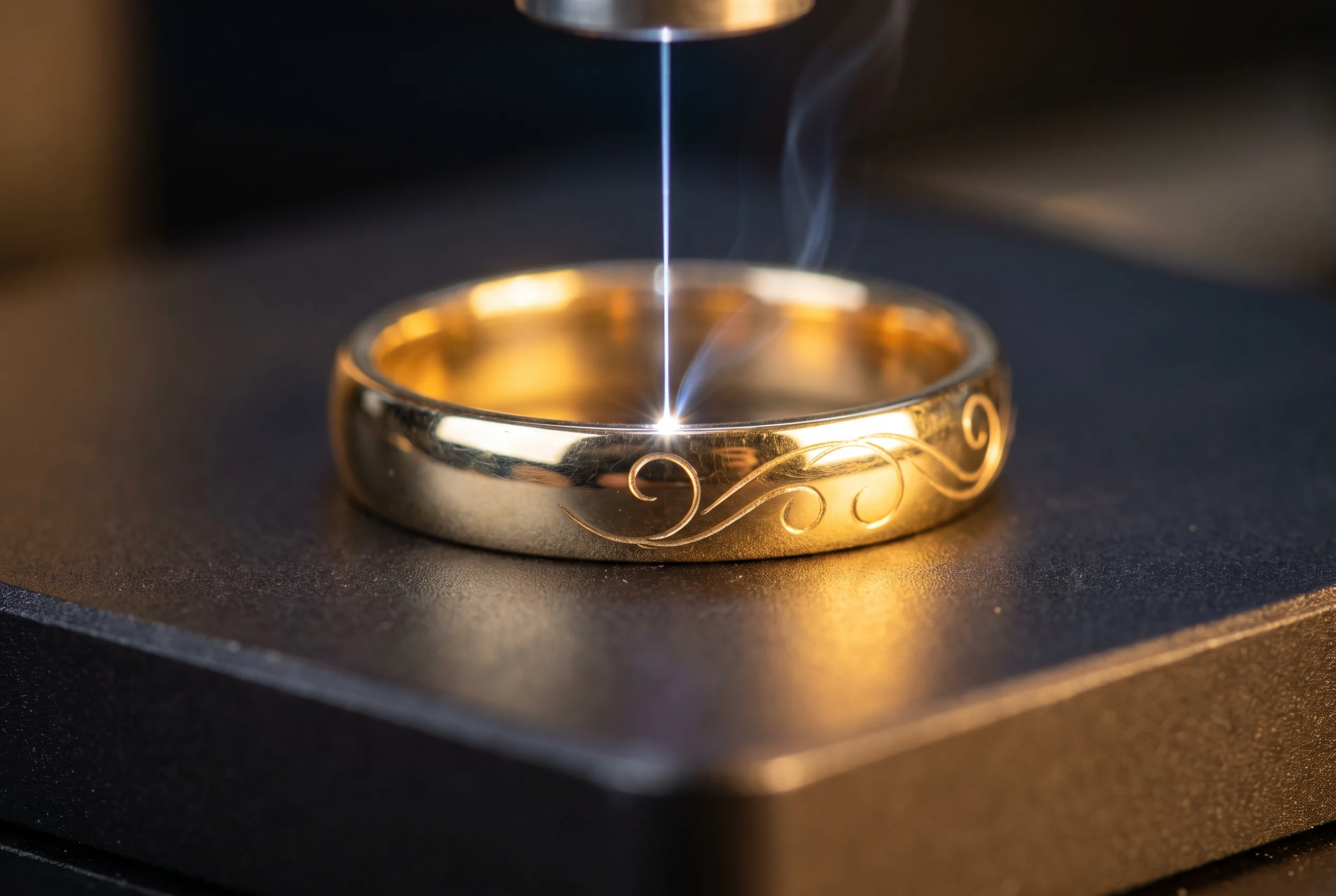 Laser beam engraving a fine decorative scroll pattern onto a gold ring on the marking platform
