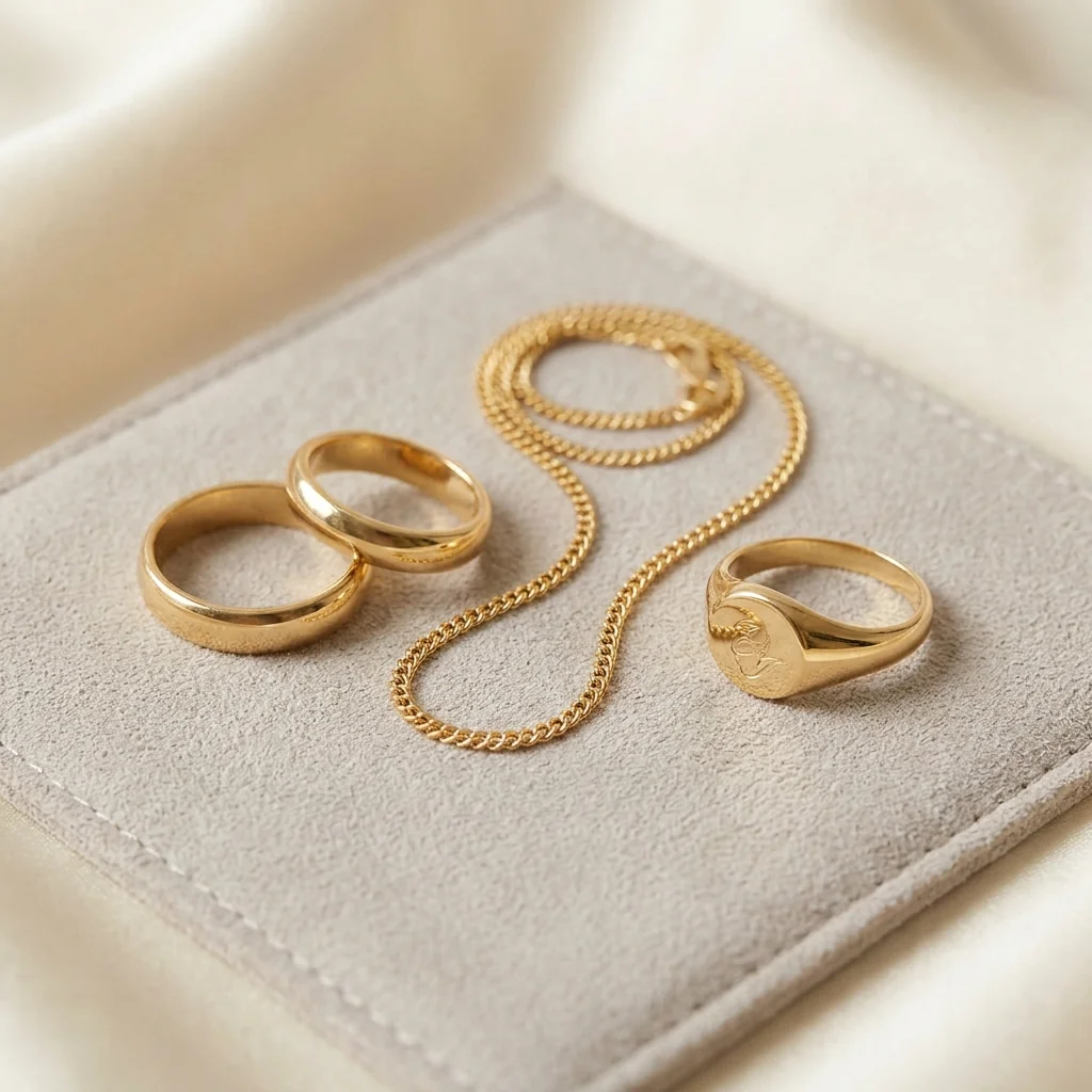 Yellow gold bands, a fine curb chain and a signet ring on grey suede