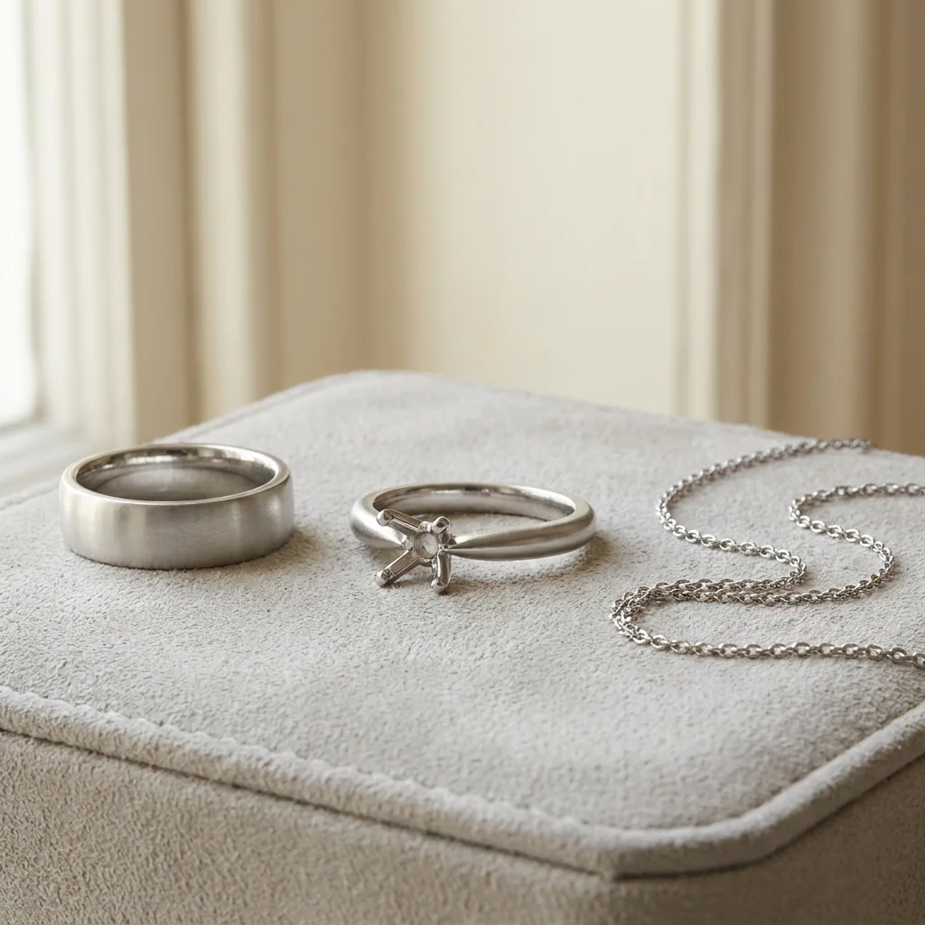 Platinum band, claw-set mount and fine chain on grey suede