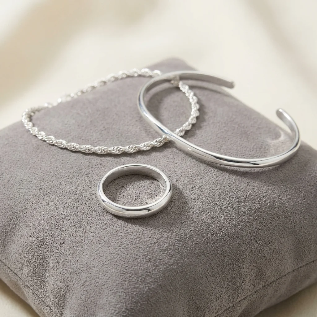 Sterling silver band, rope chain and open bangle on grey suede