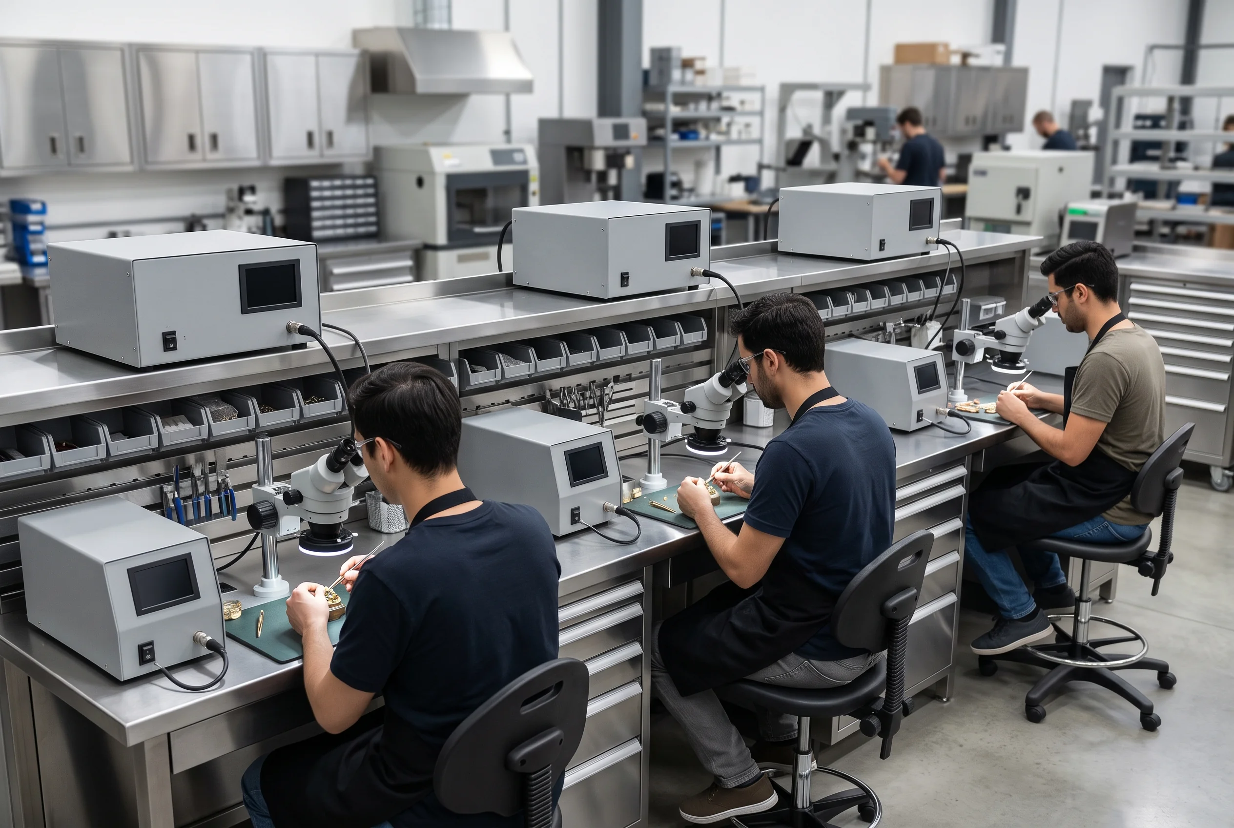 Row of laser welding stations with several operators working