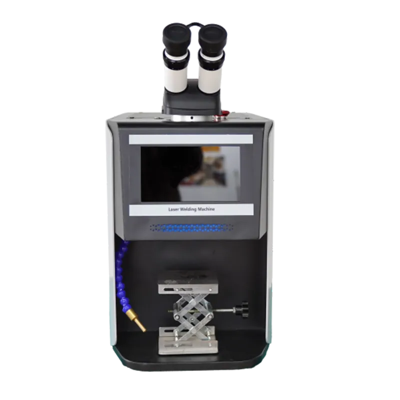 Front view of the MW-QW60W-200W QCW jewelry laser welder with microscope, screen and work area