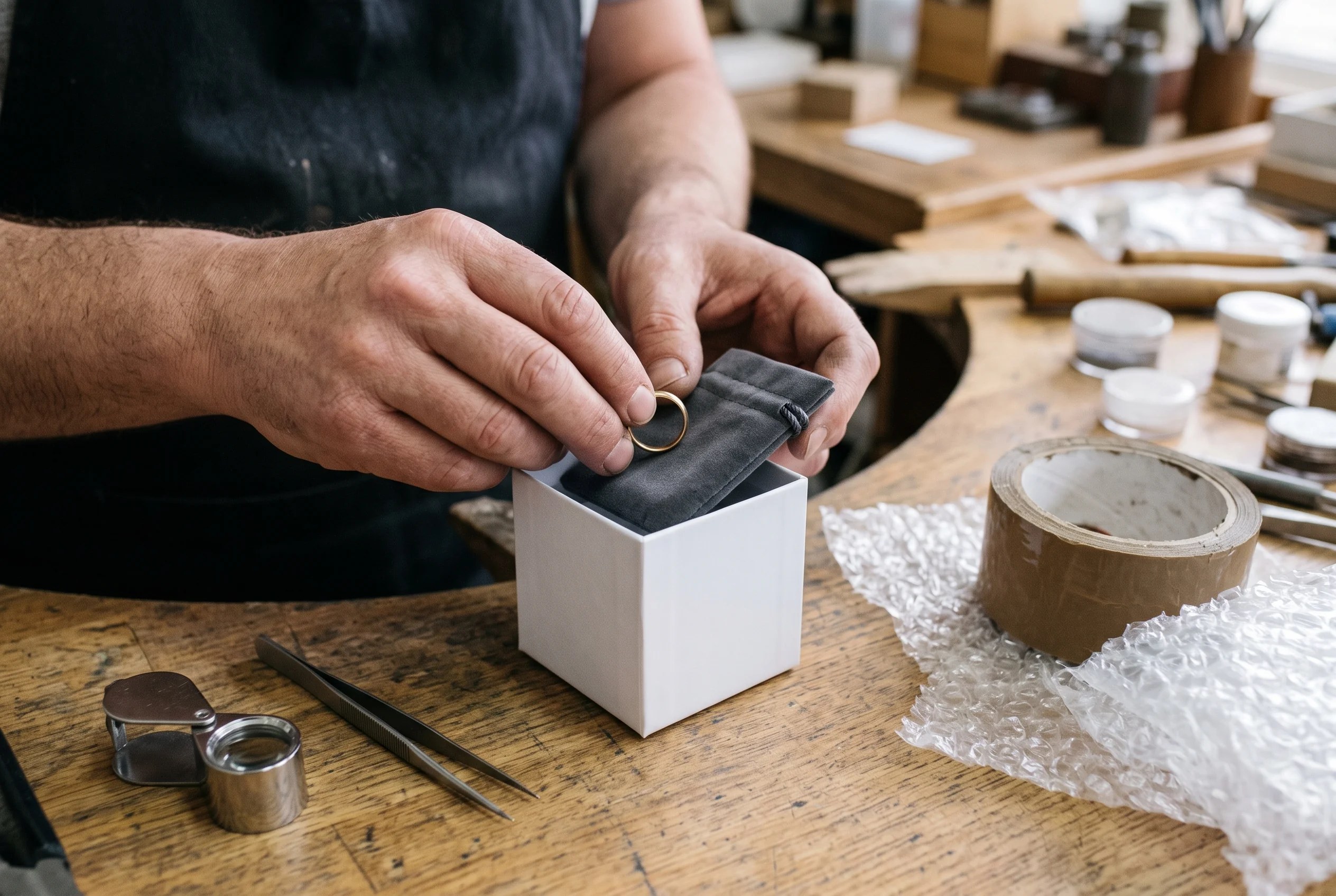 A jeweller boxing up a repair to send out to a trade bench