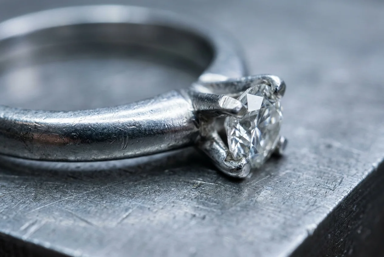 Platinum solitaire with one claw worn to a stub