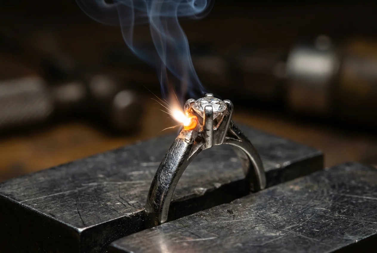 Macro of a platinum claw being rebuilt under laser welding