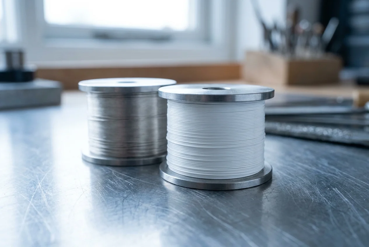 Two spools of fine platinum filler wire on a steel bench