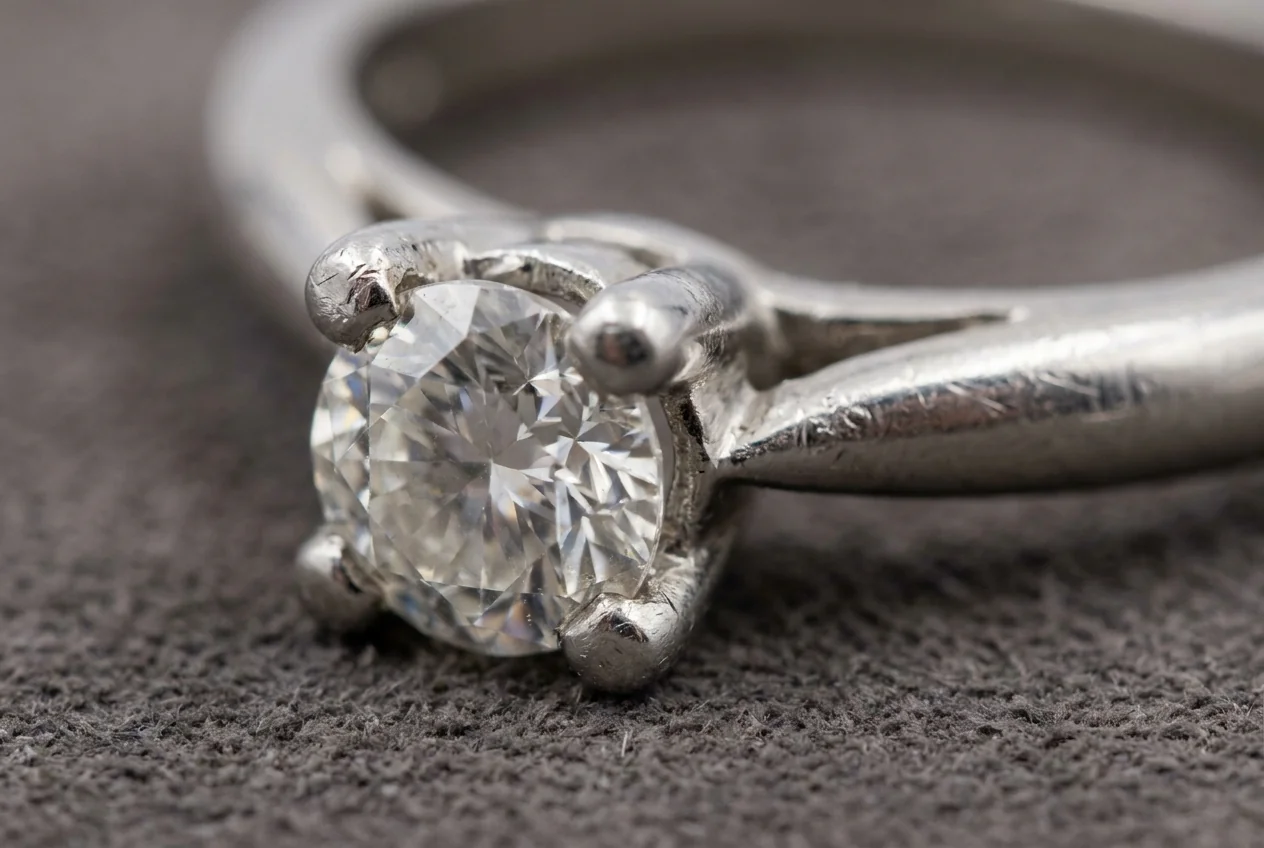 Macro of a platinum claw setting with two worn claw tips