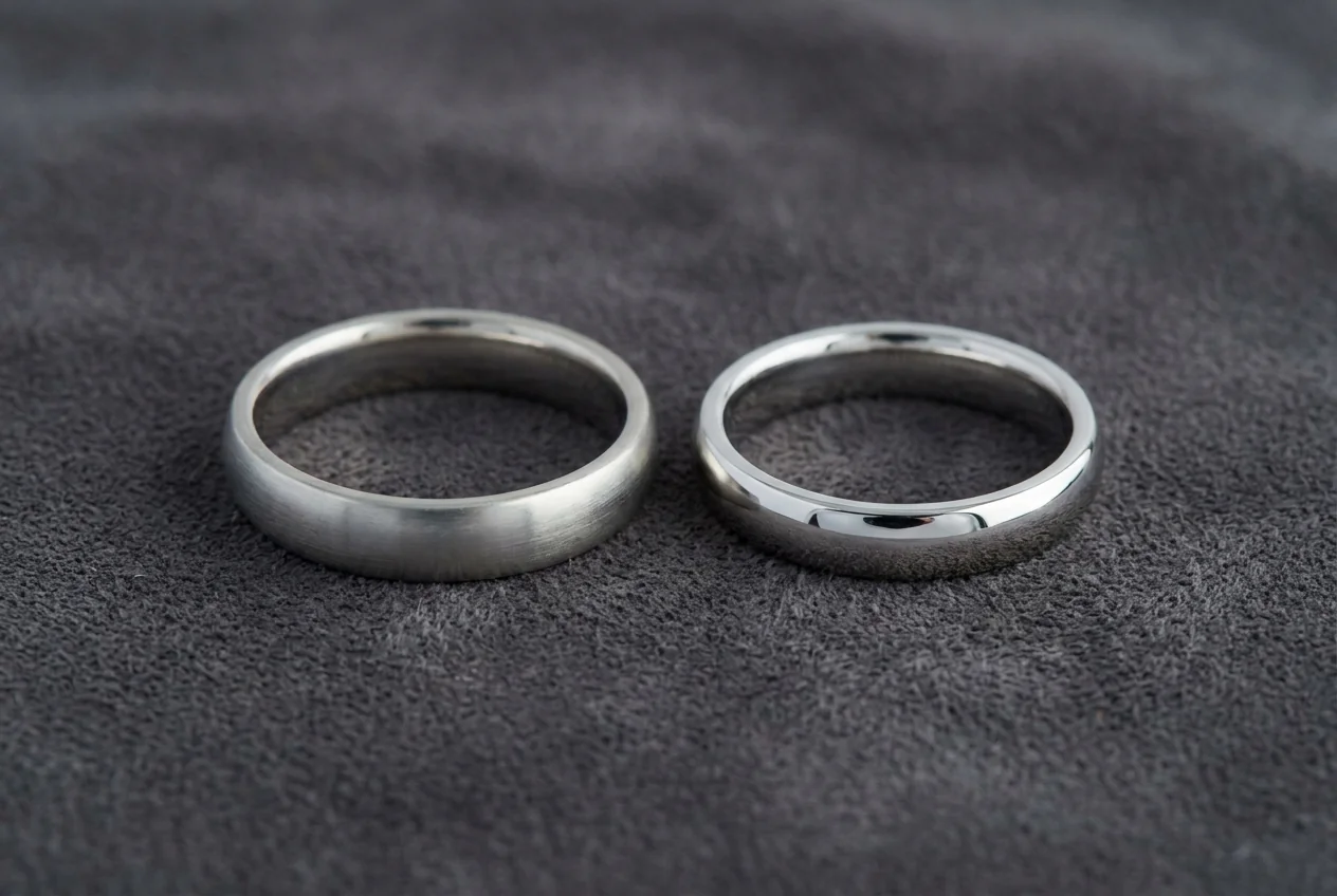 A platinum band beside a rhodium-plated white gold band on dark grey suede