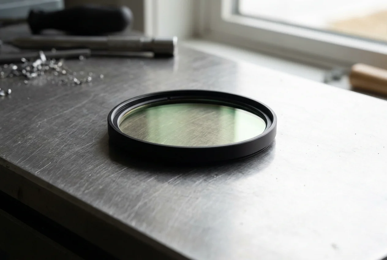 A round protective lens filter resting on a steel bench top