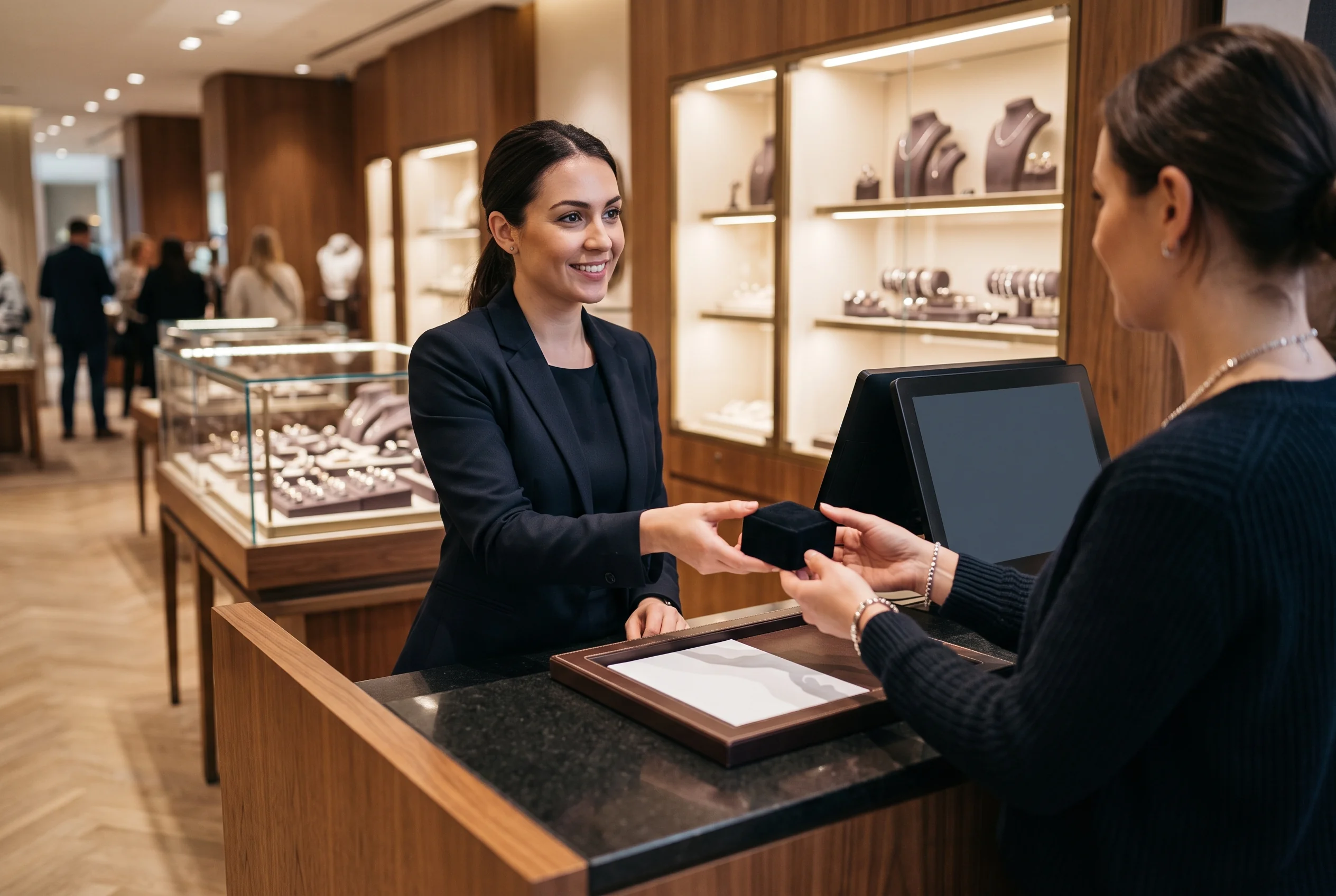 Retail jewelry counter with chains on display