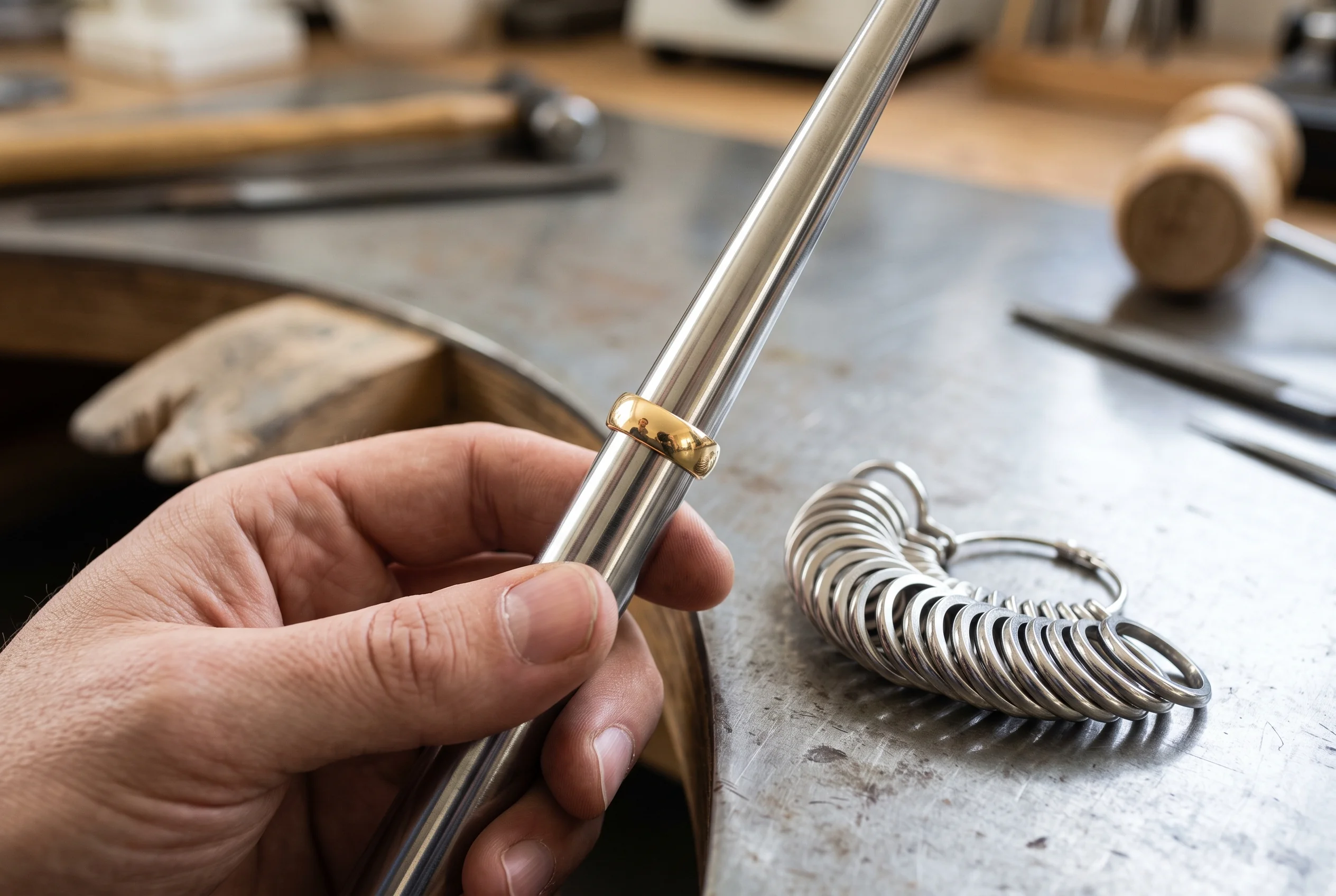 Gold band seated on a steel ring mandrel beside a set of steel ring sizing gauges