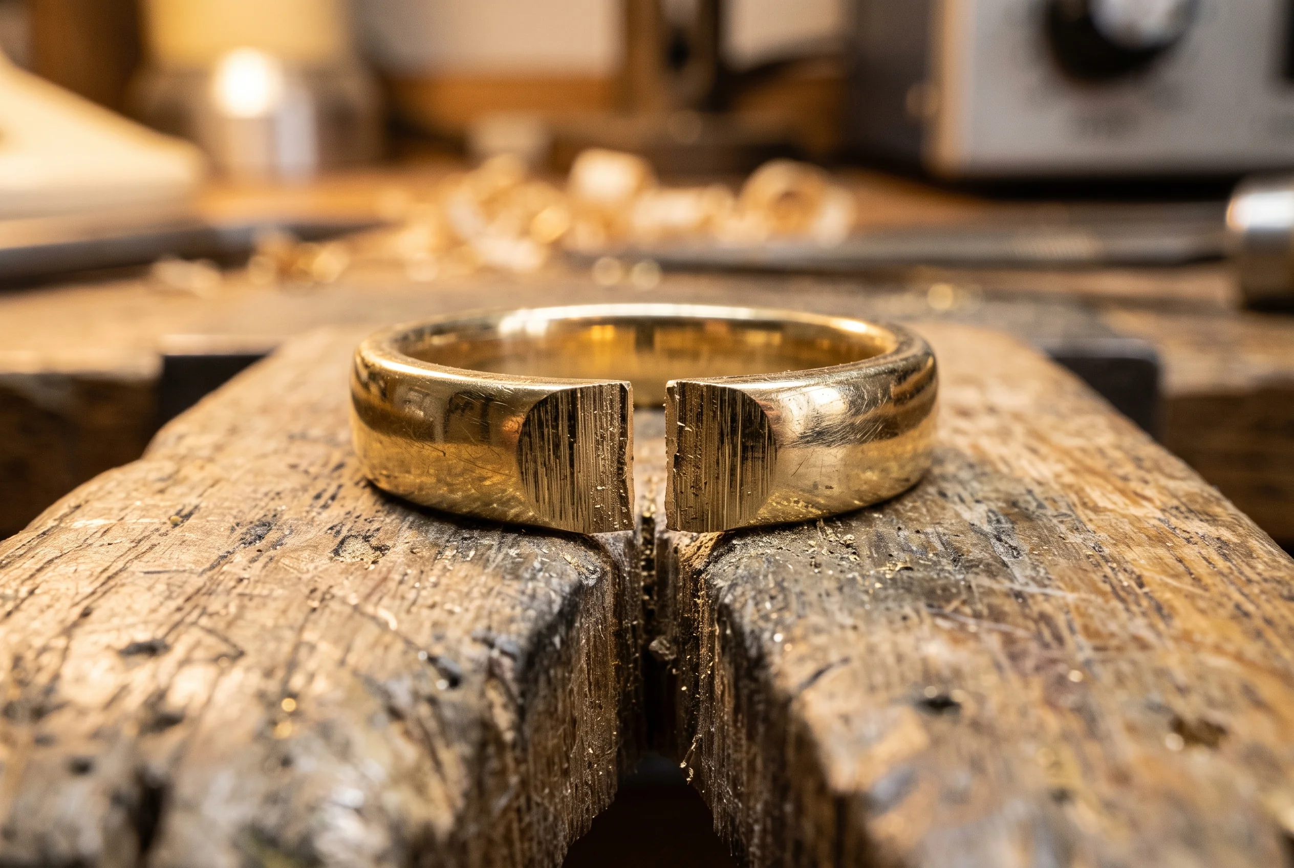 Ring shank cut open on a bench block ready for sizing