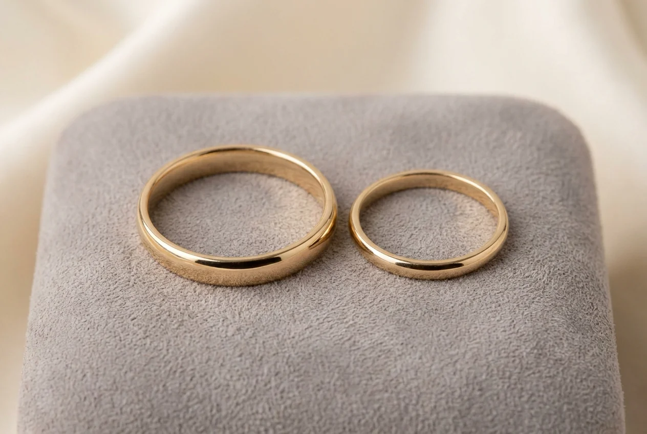 Two gold wedding bands of different sizes on a bench pad