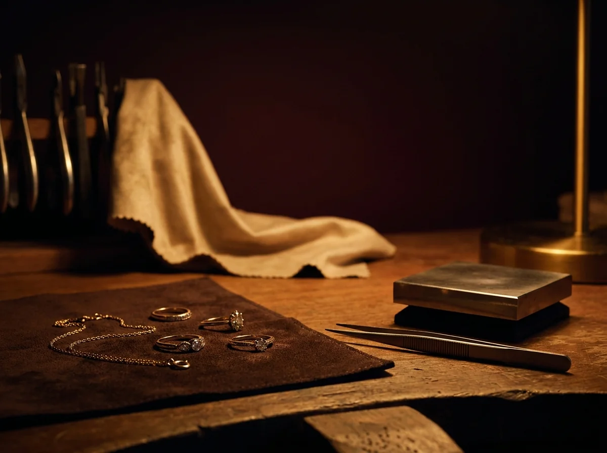 A jewellery repair bench in low warm light with rings, a fine chain and tweezers on a dark pad