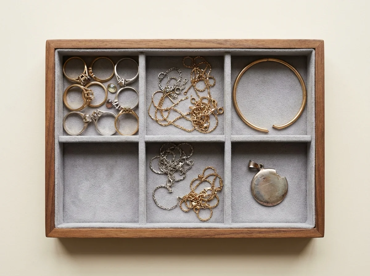 An overhead view of a jeweller's intake tray holding rings, broken chains, a bangle and a pendant waiting for repair