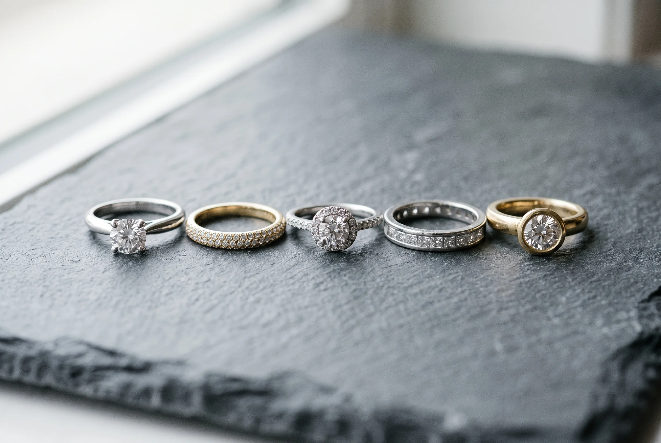 Five gemstone ring settings side by side: claw prong, pave band, halo, channel and rub-over bezel