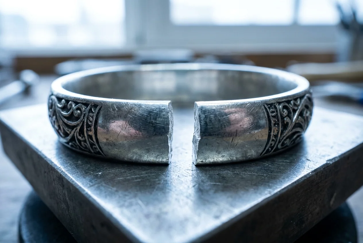 Engraved sterling silver bangle with a clean break