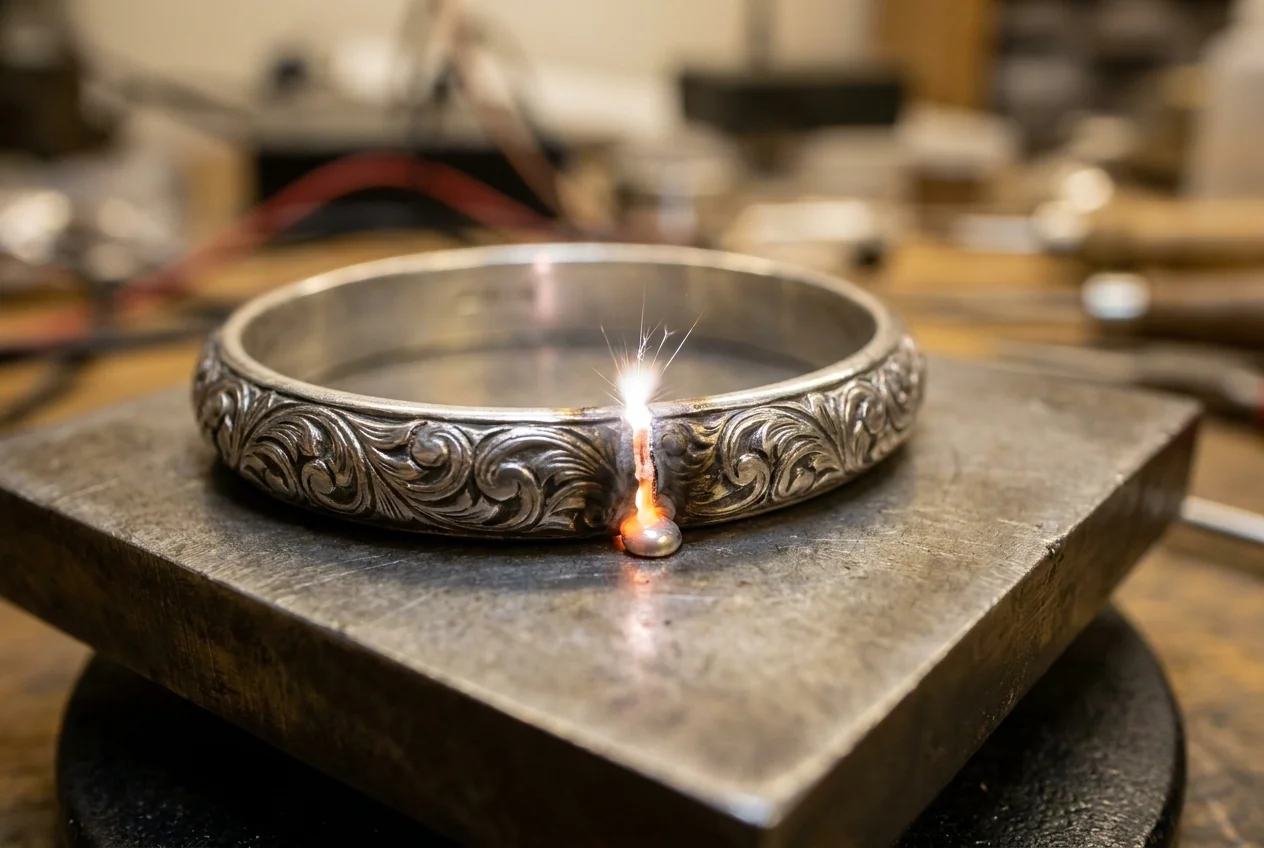 Macro of a silver bangle seam being laser welded