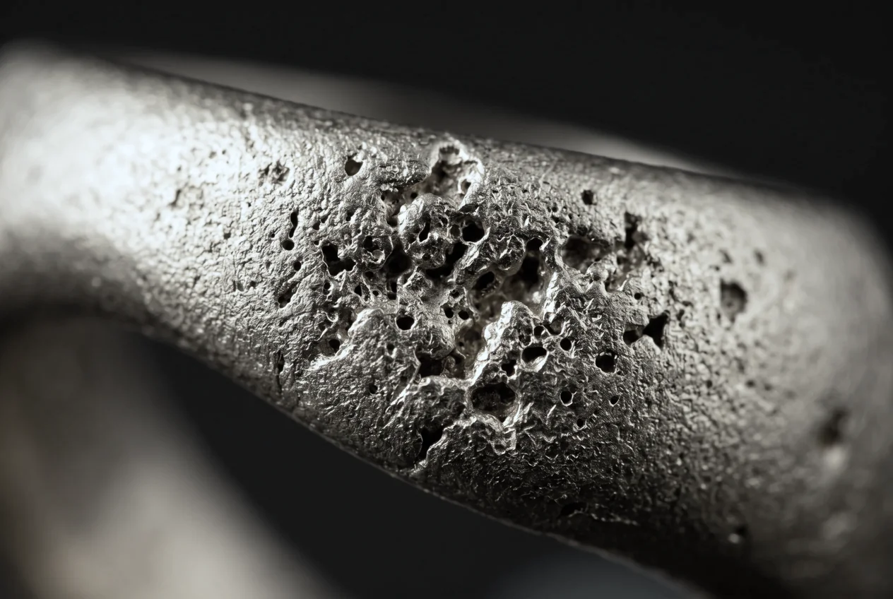 Macro of gas porosity in a cast sterling silver surface