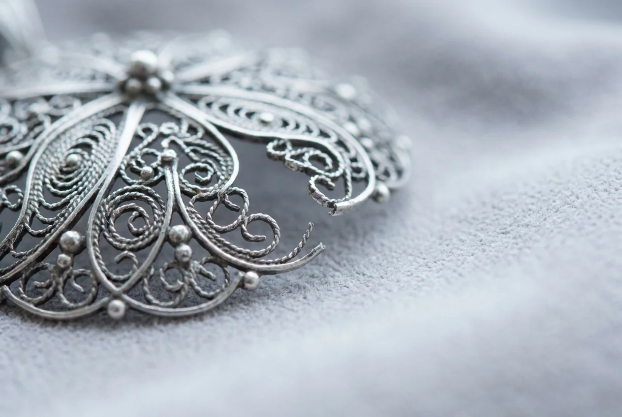 Macro of a silver filigree pendant with a broken section of wire lacework