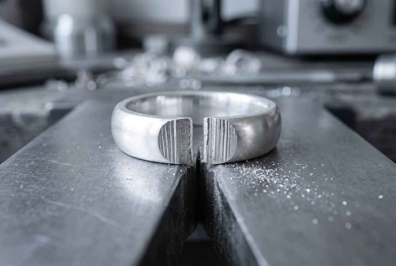 Sterling silver ring shank cut open on a steel bench block ready for sizing