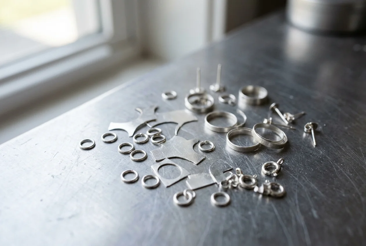 Batch of thin silver jewelry components prepared for repeated welding